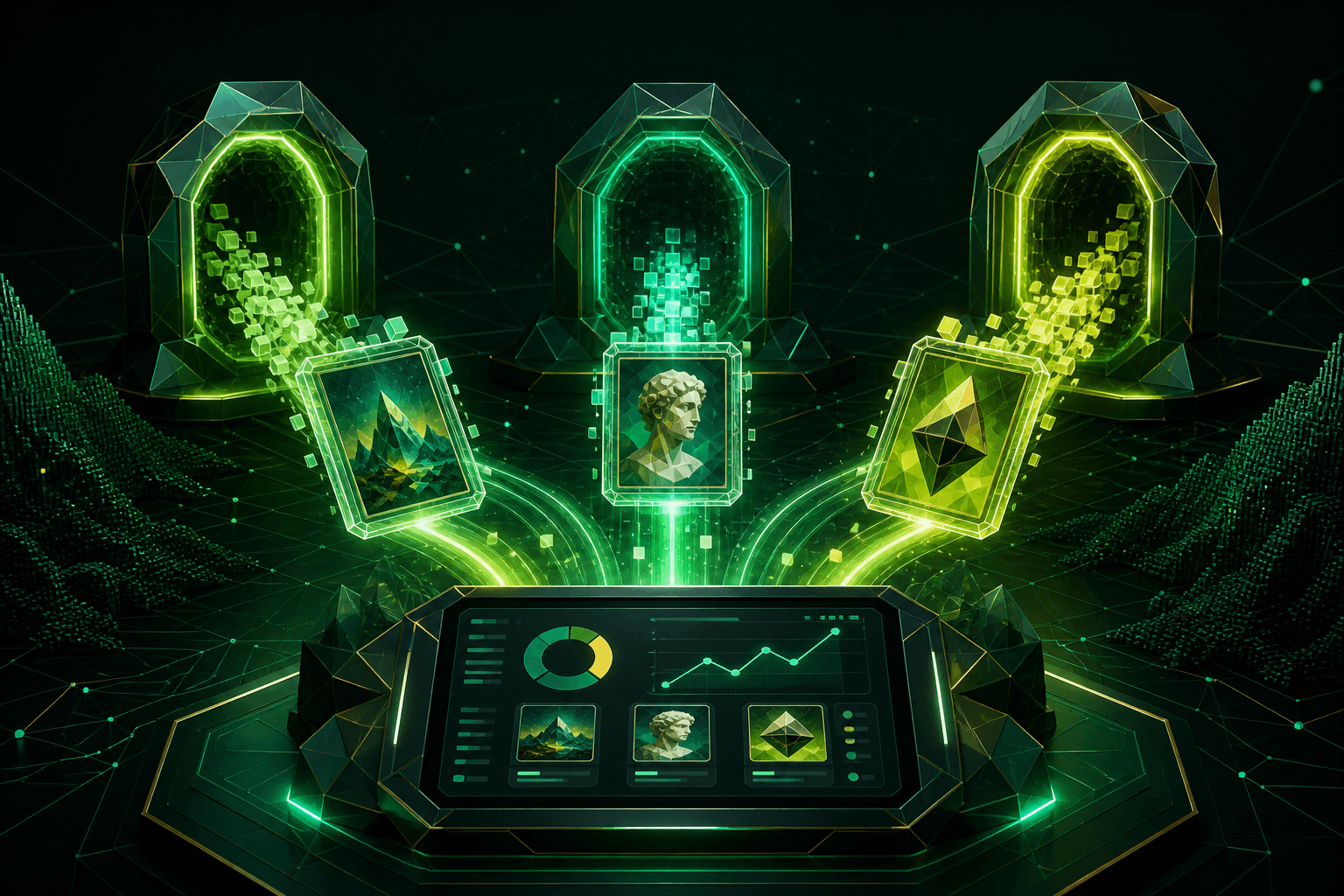 Three glowing portals feeding NFT cards into a live tracking dashboard