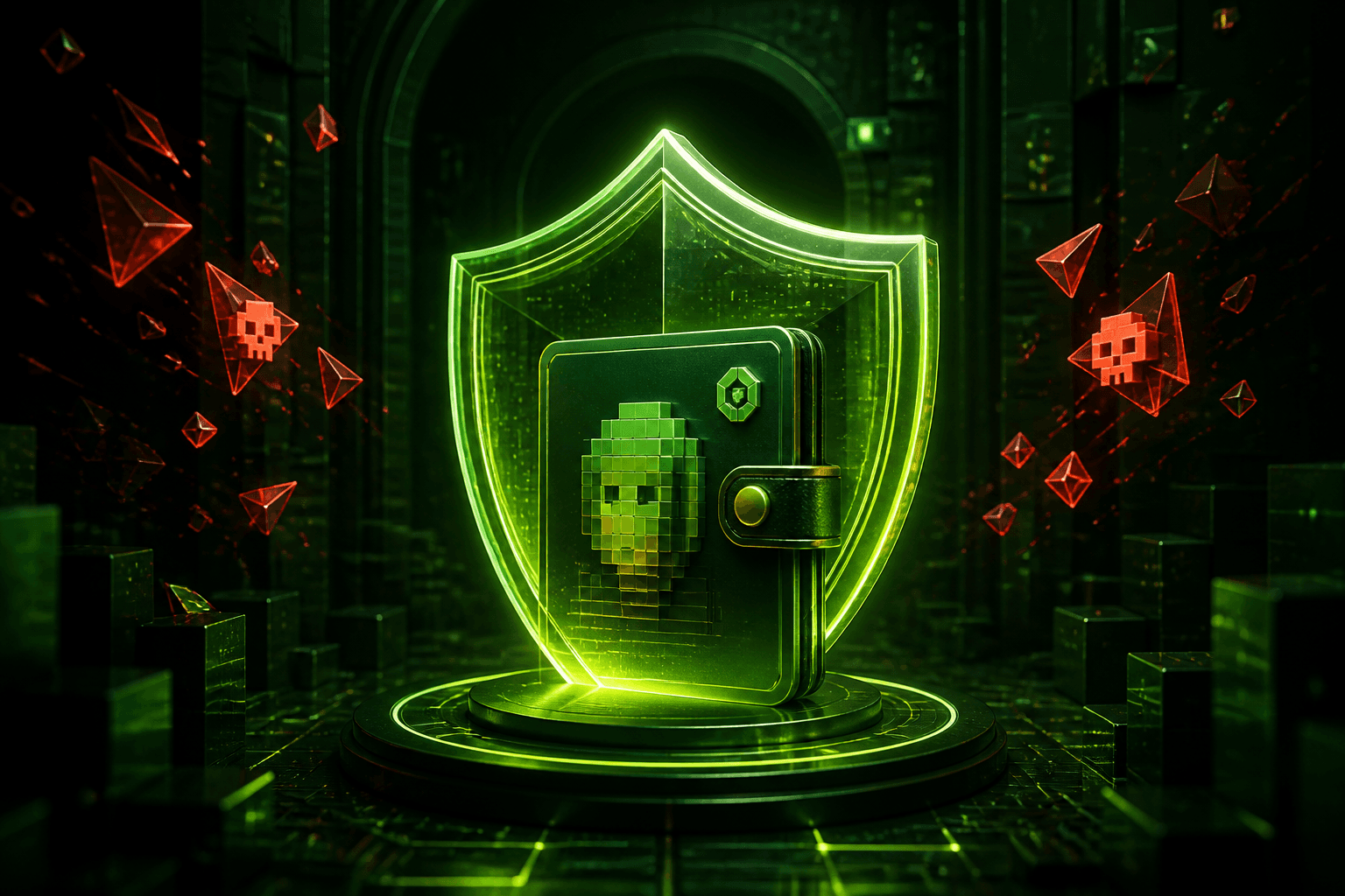 A glowing shield protecting a crypto wallet from incoming red threats