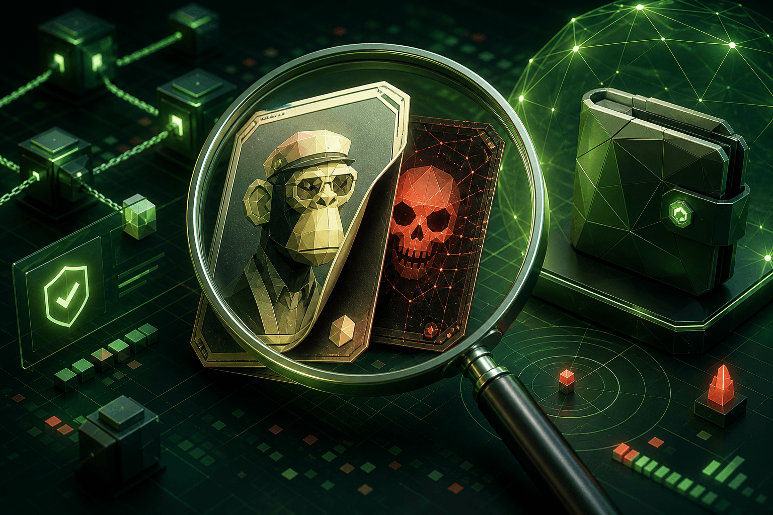 A magnifying glass revealing a scam card hiding behind a legitimate NFT