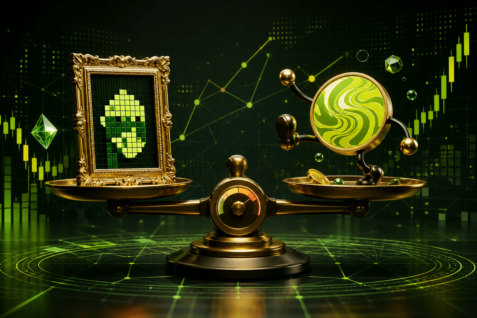 A golden scale weighing a framed pixel NFT against a memecoin