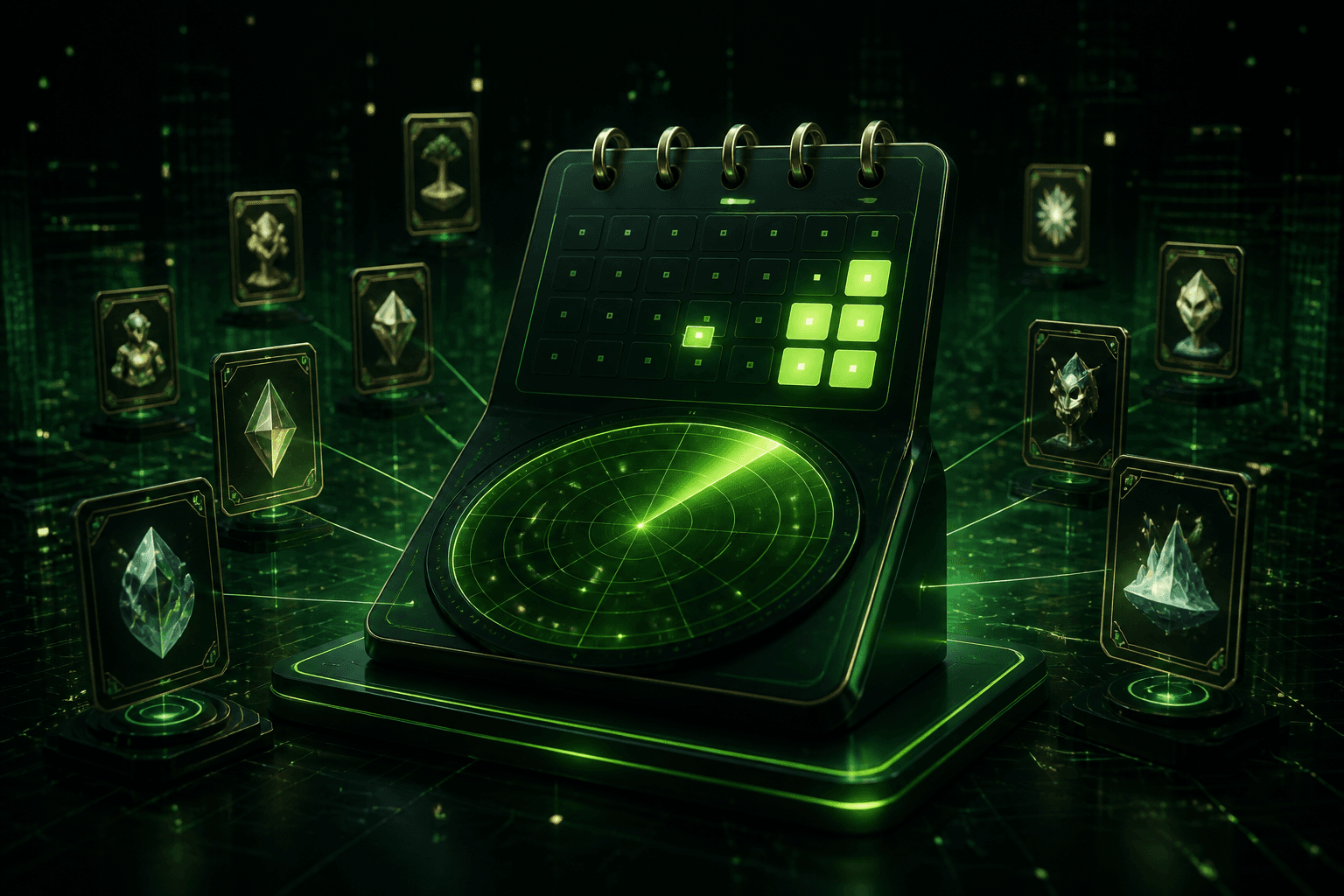 A glowing calendar and radar surrounded by NFT cards, representing cycle planning