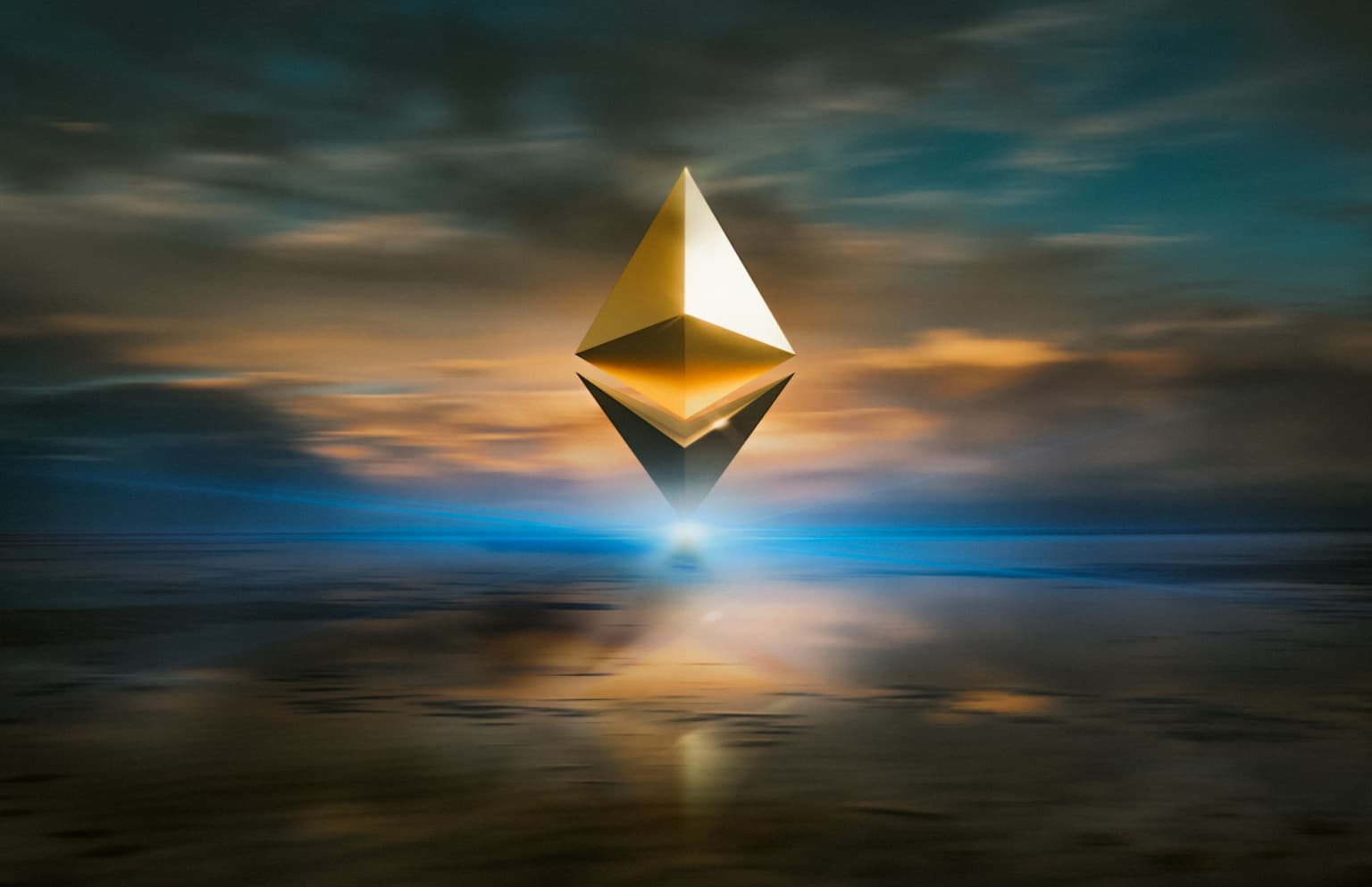 Ethereum symbol floating above a reflective digital landscape